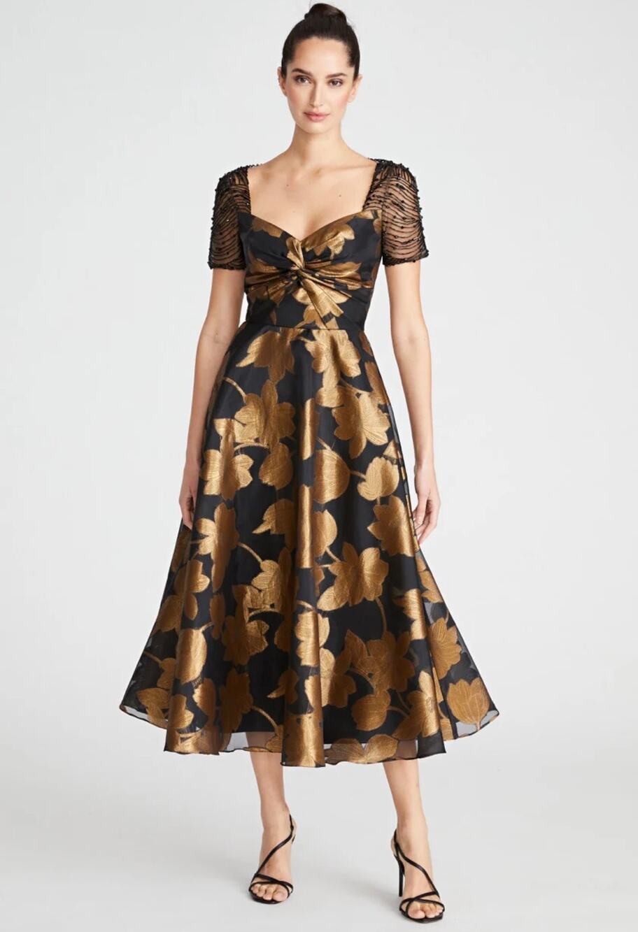 Theia Sonya Metallic Black Gold Cocktail Dress A-Line Flare 6 Midi Feminine